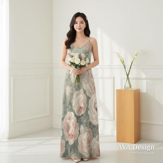 Sage Green Watercolor Rose Maxi Dress, Garden Wedding Guest, Boho Cottagecore Floral Bridesmaid