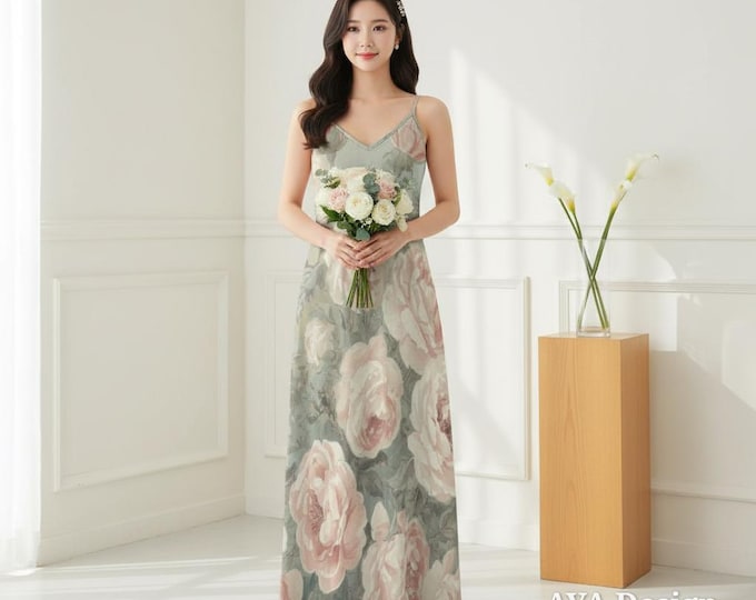 Sage Green Watercolor Rose Maxi Dress, Garden Wedding Guest, Boho Cottagecore Floral Bridesmaid