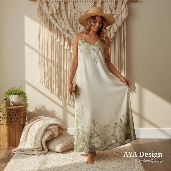 Botanical Print Maxi Dress | Cottagecore Floral V-Neck Slip Dress, Boho Summer Garden Party