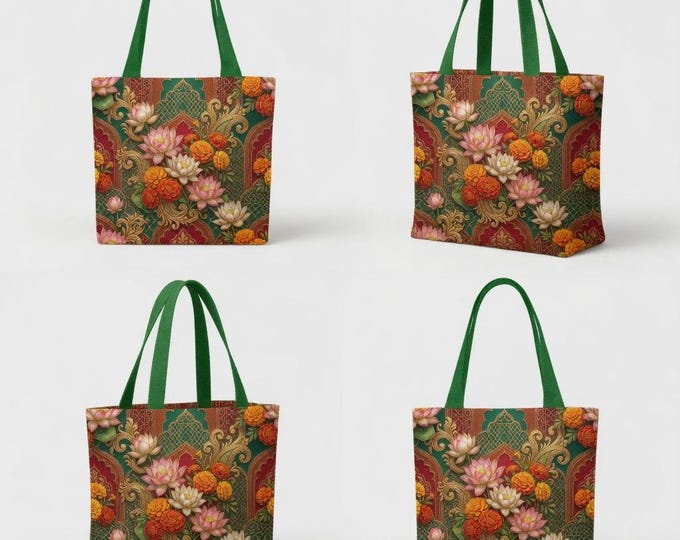 Reusable Indian Floral Tote Bag Set - 4 Canvas Bags with Lotus & Marigold Design