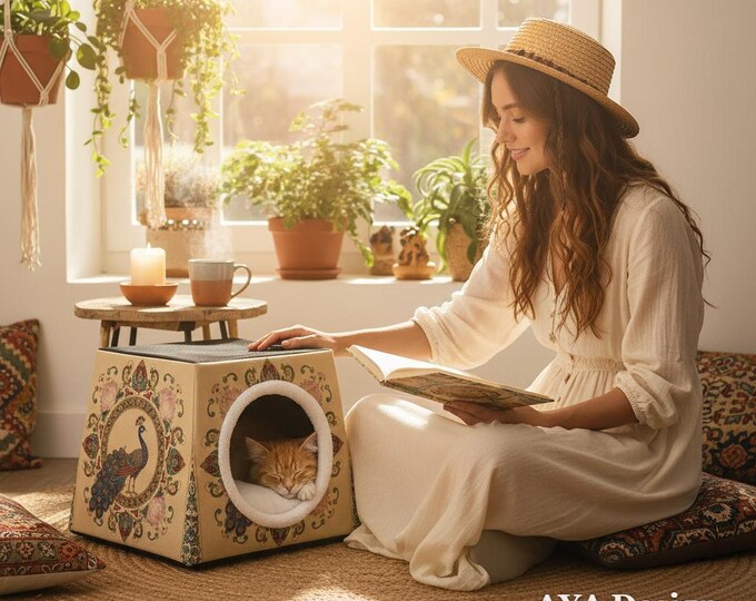 Boho Peacock Cat Bed Cave, Enclosed Floral Pet Hideaway Hut, Cozy Washable Kitten Nest