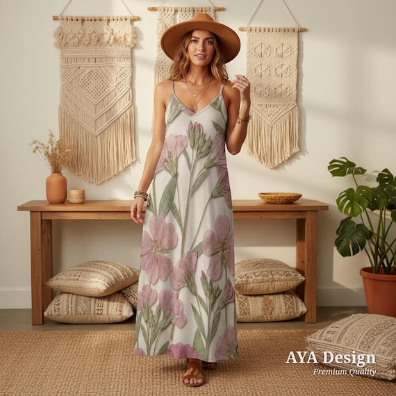 Botanical Pressed Flower Maxi Dress | Boho Floral Slip Sundress, Romantic Garden Party Style