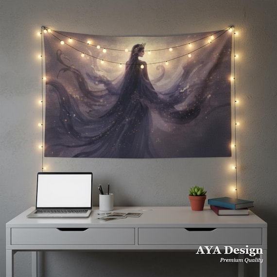Art Nouveau Anime Goddess Tapestry, Ethereal Dark Fantasy Wall Art, Celestial Moon Hanging