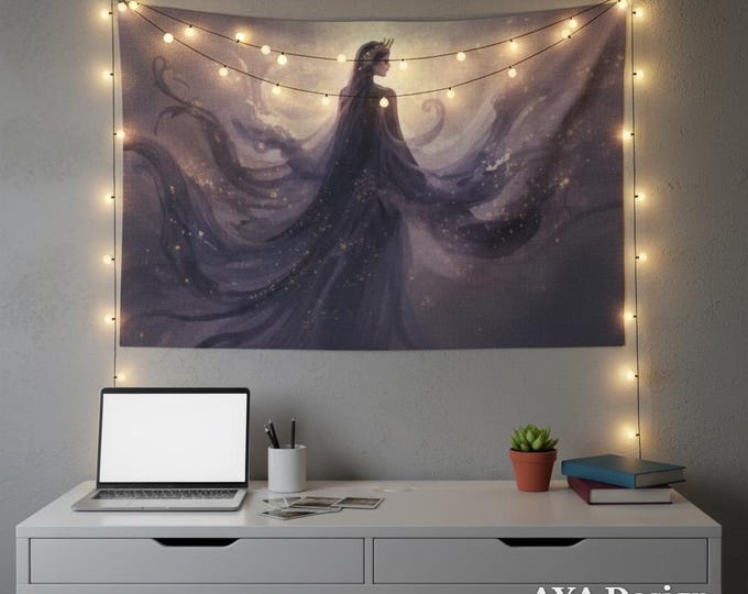 Art Nouveau Anime Goddess Tapestry, Ethereal Dark Fantasy Wall Art, Celestial Moon Hanging
