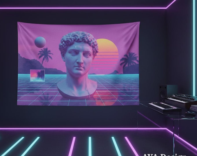 Vaporwave Tapestry, Greek Bust Neon Sunset Wall Art, Lofi Room Decor (60x40)