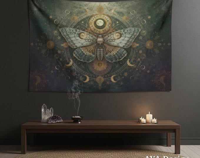 Mystical Moth Tapestry | Celestial Moon Phase Wall Hanging, Witchy Decor