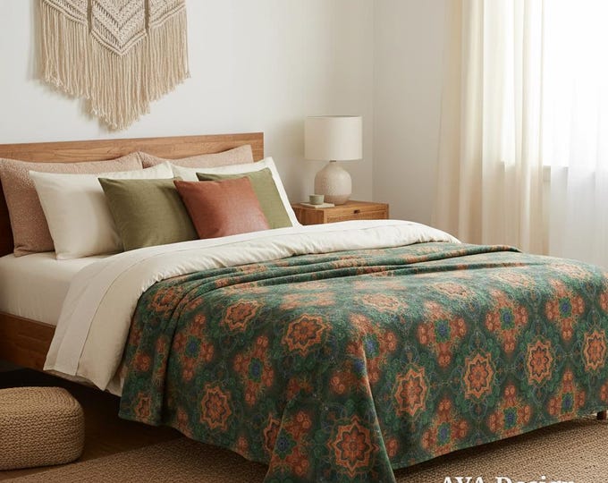 Boho Mandala Fleece Blanket | Emerald Green Mughal Print Couch Throw