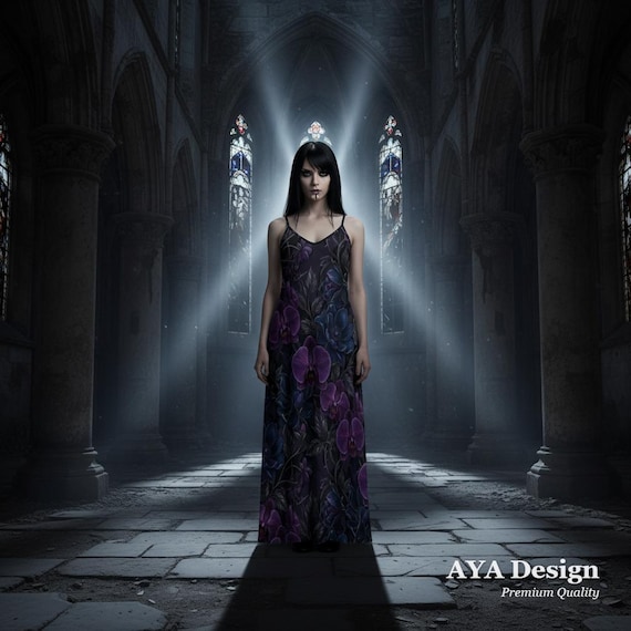 Dark Romance Floral Maxi Slip Dress | Moody Botanical Gown, Goth Witchy Clothing