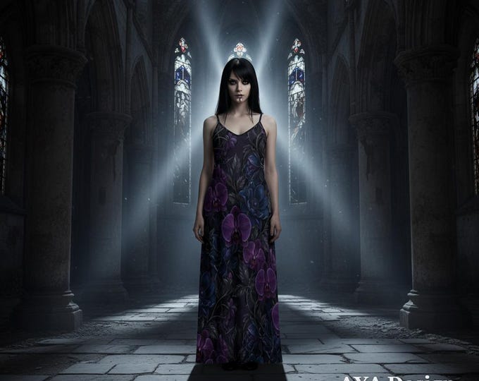 Dark Romance Floral Maxi Slip Dress | Moody Botanical Gown, Goth Witchy Clothing