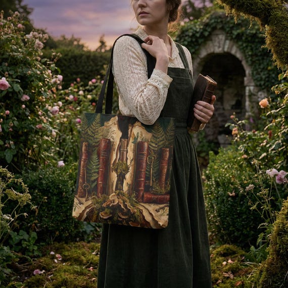Botanical Books Tote Bag | Dark Academia Forest Library Carryall