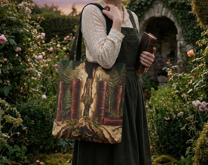 Featured listing image: Botanical Books Tote Bag | Dark Academia Forest Library Carryall