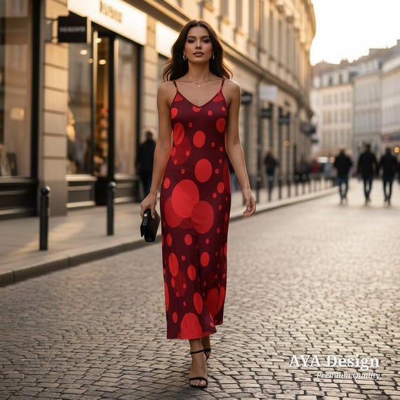Chic Red Abstract Polka Dot Maxi Dress - Bohemian Style