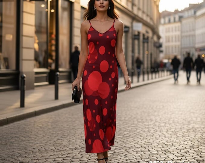 Red Abstract Polka Dot Maxi Dress, 90s Slip, Spaghetti Strap, Summer Vacation, Wedding Guest