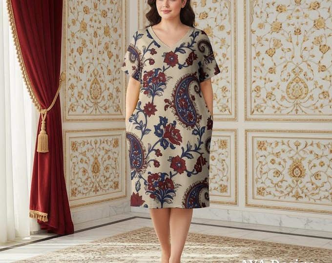 Vintage Floral Paisley Midi Dress with Pockets, Boho V-Neck Tunic Summer Shift