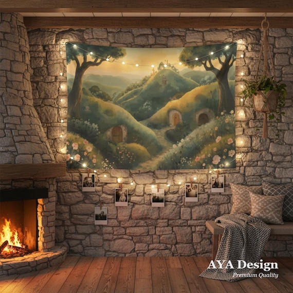 Fantasy Landscape Tapestry Cottagecore Room Decor, Hobbit Valley Wall Hanging, Fairy Tale Shire Wall Art, Cozy Magical Forest Dorm Decor