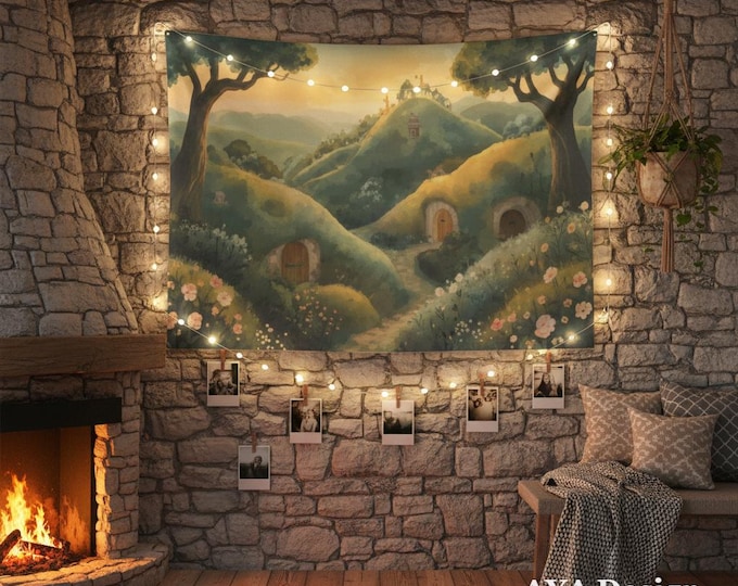 Fantasy Landscape Tapestry Cottagecore Room Decor, Hobbit Valley Wall Hanging, Fairy Tale Shire Wall Art, Cozy Magical Forest Dorm Decor