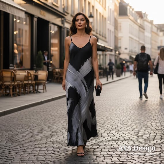 Abstract Brushstroke Maxi Dress | Black Silver Wearable Art, Minimalist Spaghetti Strap Gown