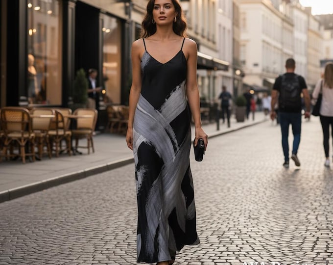 Abstract Brushstroke Maxi Dress | Black Silver Wearable Art, Minimalist Spaghetti Strap Gown