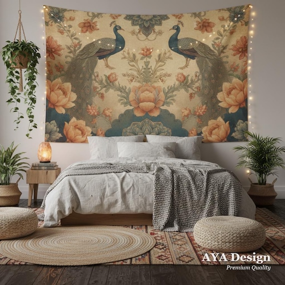 Vintage Peacock Floral Tapestry, Large Persian Botanical Wall Hanging, Art Nouveau Boho Decor