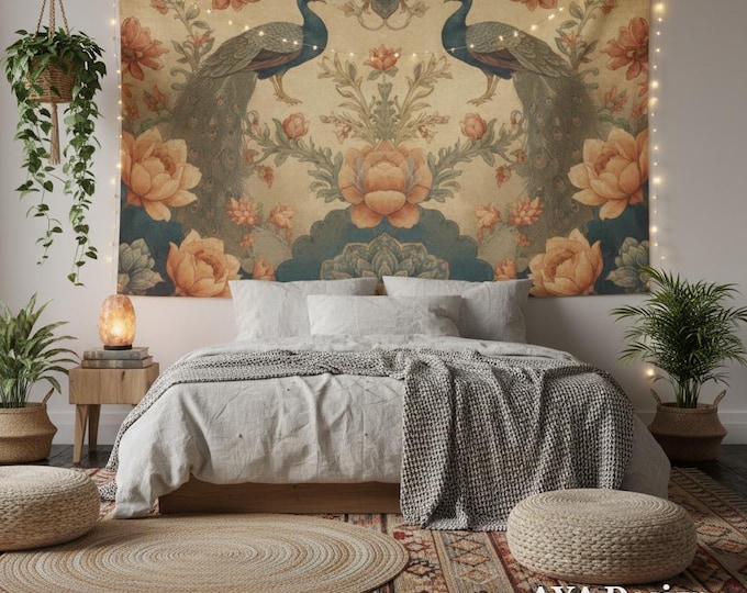 Vintage Peacock Floral Tapestry, Large Persian Botanical Wall Hanging, Art Nouveau Boho Decor