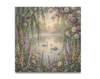 Vintage Swan Lake Canvas Print | Romantic Floral Cottagecore Wall Art