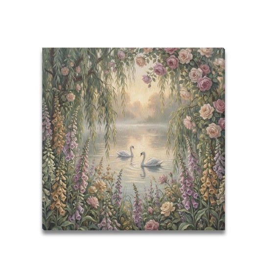 Vintage Swan Lake Canvas Print | Romantic Floral Cottagecore Wall Art