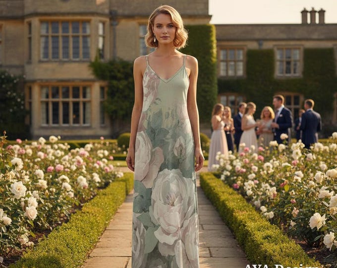 Watercolor Floral Maxi Dress, Vintage English Rose, Sage Green Cottagecore Wedding Guest