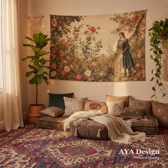 Vintage Renaissance Floral Tapestry | Romantic Medieval Wall Hanging, Cottagecore Decor