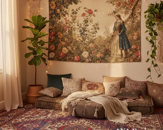 Vintage Renaissance Floral Tapestry | Romantic Medieval Wall Hanging, Cottagecore Decor
