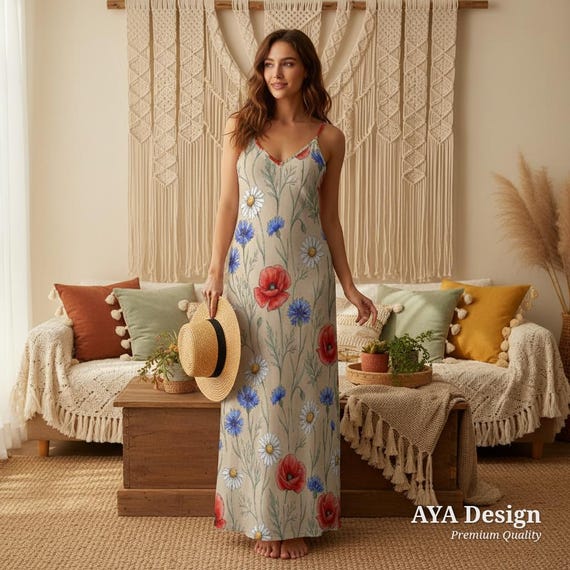 Botanical Wildflower Maxi Dress, Romantic Meadow Floral Print, Cottagecore Boho Sundress
