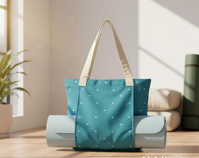 Blue Butterfly Yoga Mat Bag – Cotton Linen Tote Carrier for Women