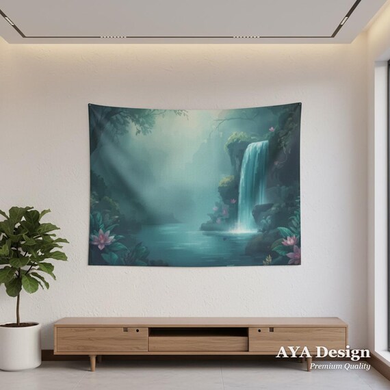 Enchanted Forest Waterfall Tapestry, Magical Fairycore Nature Wall Hanging, Zen Meditation Backdrop