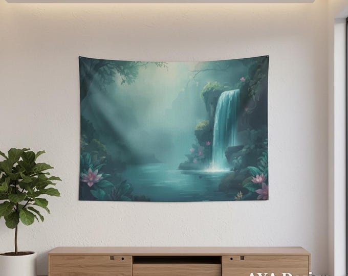 Enchanted Forest Waterfall Tapestry, Magical Fairycore Nature Wall Hanging, Zen Meditation Backdrop