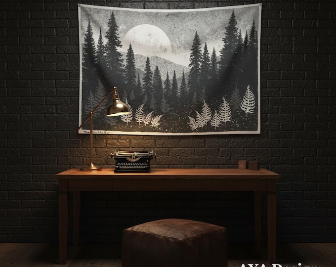 Forest Moon Tapestry: Black and White Woodland Pine Tree Wall Art – Minimalist Cabin Decor