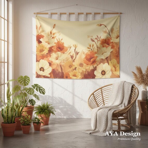 Retro Floral Tapestry Wall Hanging | 70s Boho Burnt Orange Mustard Yellow Flower Decor