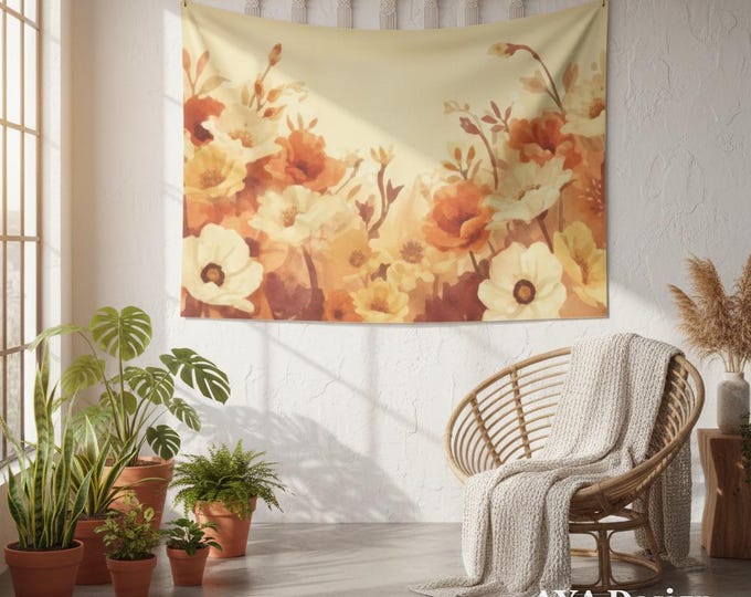 Retro Floral Tapestry Wall Hanging | 70s Boho Burnt Orange Mustard Yellow Flower Decor