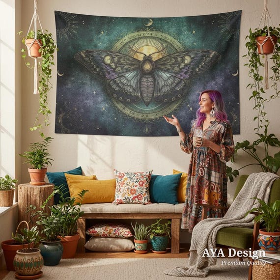 Mystical Moth Celestial Tapestry | Moon Phase Witchy Boho Wall Art