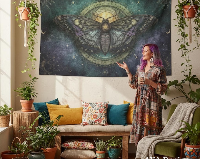 Mystical Moth Celestial Tapestry | Moon Phase Witchy Boho Wall Art