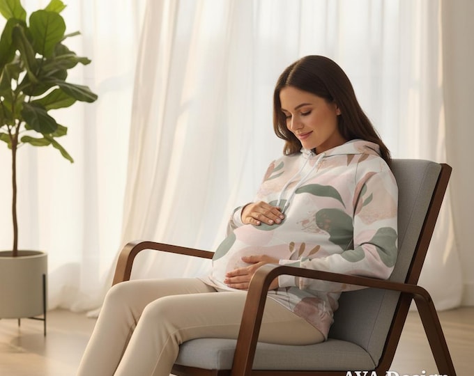Oversized Maternity Hoodie, Pastel Botanical Abstract Print, Boho Pregnancy Sweater