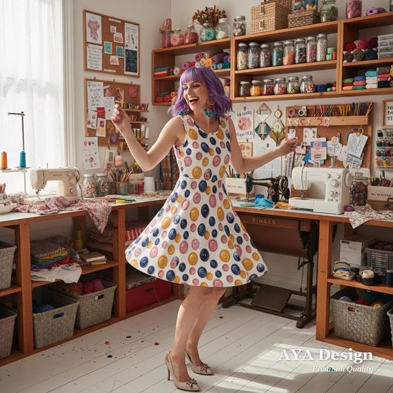 Colorful Button Print Skater Dress, Fit & Flare Seamstress Outfit