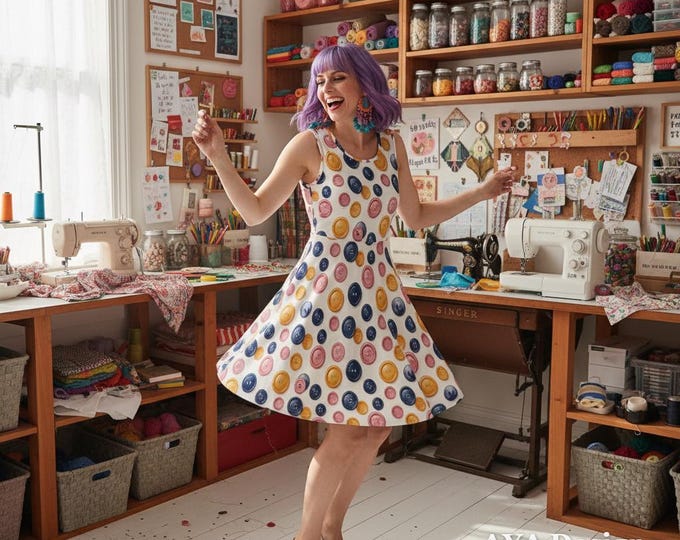 Colorful Button Print Skater Dress, Fit & Flare Seamstress Outfit