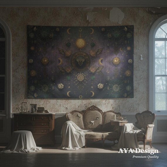 Dark Academia Tapestry Celestial Moth - Witchy Sun Moon Vintage Wall Hanging Gothic Decor