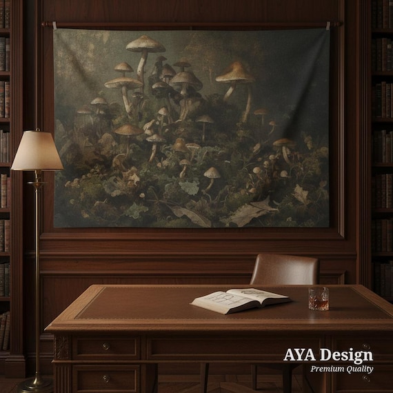 Dark Academia Mushroom Tapestry, Vintage Botanical Forest Art, Moody Cottagecore Wall Hanging (60x40)