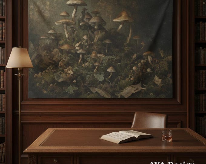Dark Academia Mushroom Tapestry, Vintage Botanical Forest Art, Moody Cottagecore Wall Hanging (60x40)