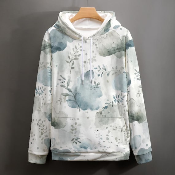 Watercolor Botanical Hoodie, Sage Green Abstract Sweater, Cozy Lounge Pullover