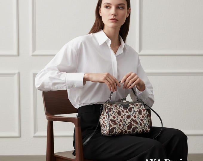 Personalized Vintage Kisslock Bag | Floral Frame Handbag, PU Leather Crossbody Purse