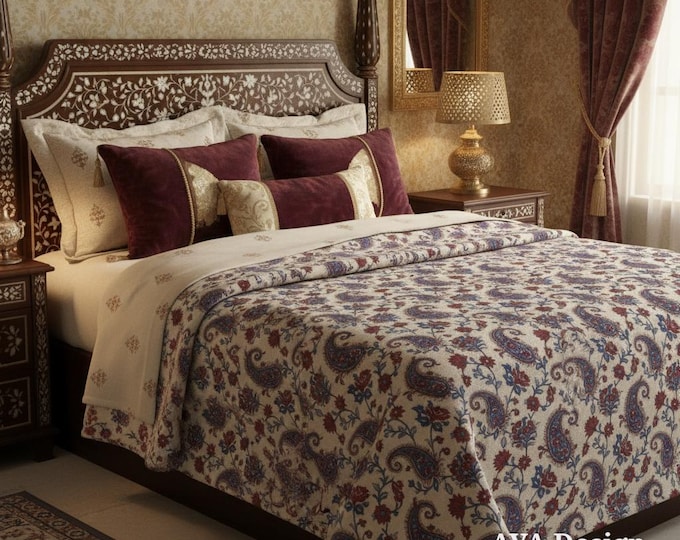 Modern Kalamkari Fleece Blanket, Indian Paisley Block Print Style Throw