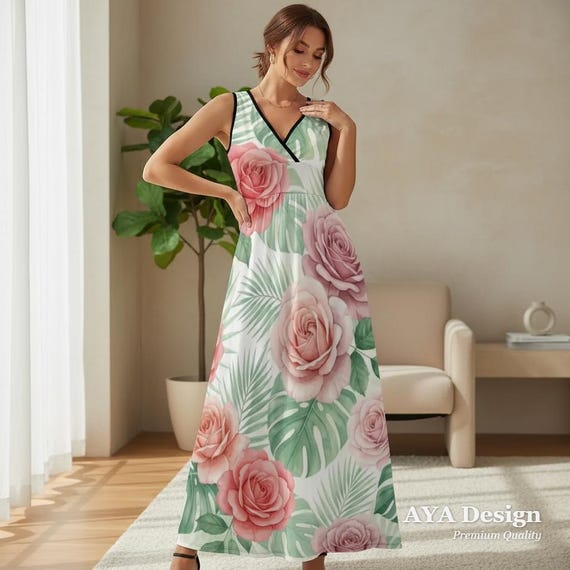 Pink Rose Tropical Maxi Dress | Watercolor Floral Summer Sundress | Flowy Resort Wear