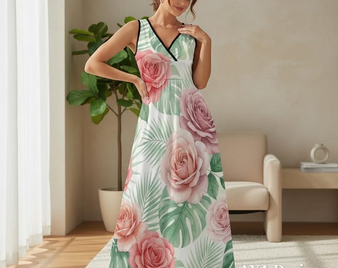 Pink Rose Tropical Maxi Dress | Watercolor Floral Summer Sundress | Flowy Resort Wear
