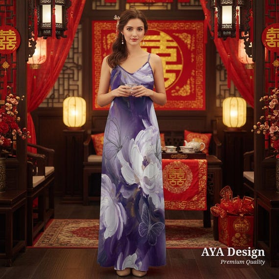 Purple Floral Butterfly Maxi Dress – Artistic Watercolor Sling Gown